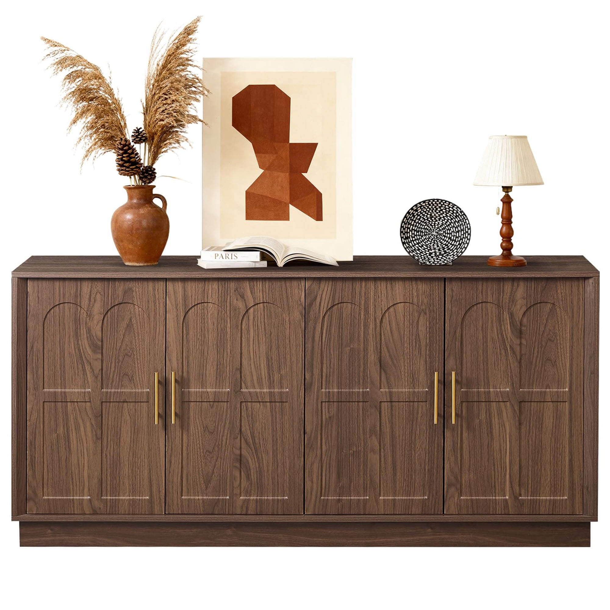 BFJDM 67" Arched Sideboard Buffet Cabinet, 4-Door Wood Walnut Credenza Storage Accent Cabinet TV Console for Living Room Kitchen Dining Room Entryway